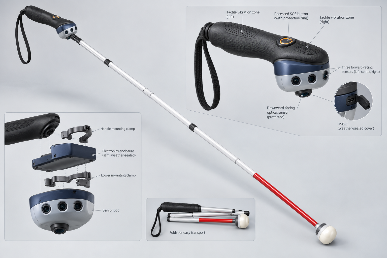 SmartCane complete folding cane and sensor system
